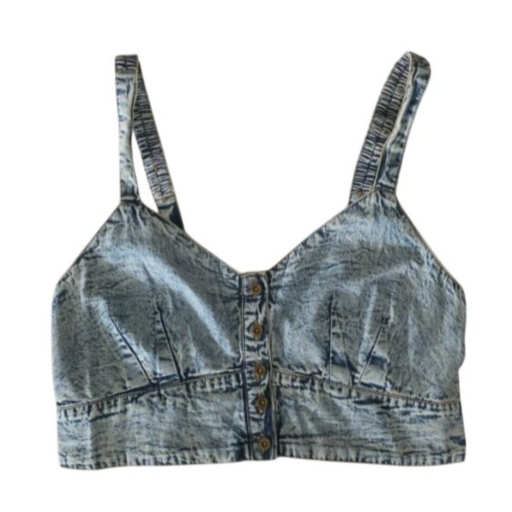 Live 4 Truth‎ Stone Wash Shirred Back Button Front Denim Bralette Cropped Top L - Picture 2 of 12